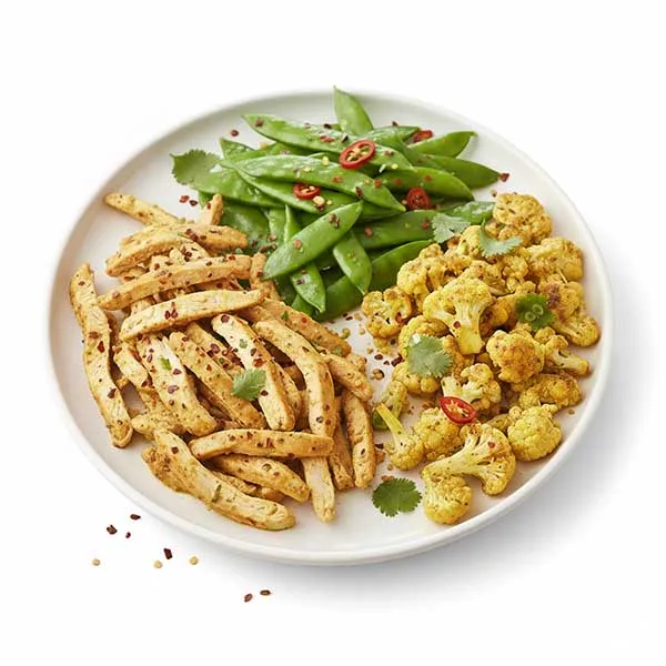 Turmeric Curry spiced Chicken with Snowpeas & Cauliflower